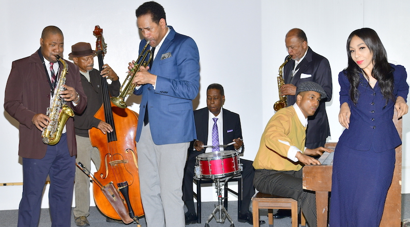 Damon Rutledge (l.), Marion Newton, Marcus Clark Oliver, Ricardo Mowatt, Eddie Goines, Randy Ross, Tiffany Coty, in Birdland Blue, presented by Robey Theatre Company at Los Angeles Theatre Center. (Photo by Ian Foxx)