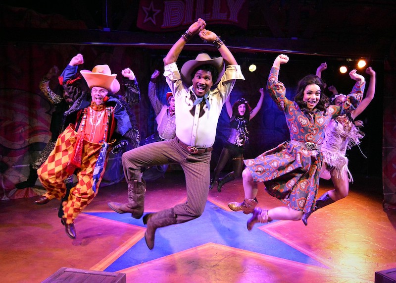 Randy Charleville, Eric B. Anthony, Amanda Leigh Jerry and ensemble in Bronco Billy — The Musical at the Skylight Theatre. (Photo by Ed Krieger)