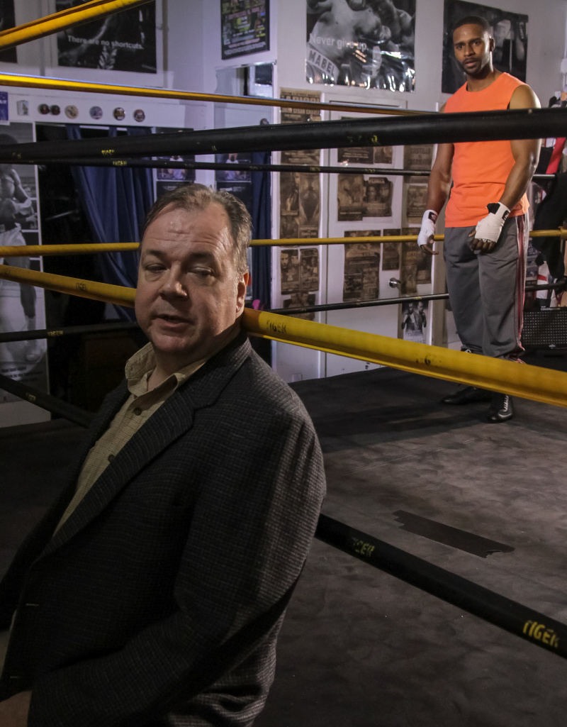 Rob Nagle and Rick K. Jackson in Coeurage Theatre Company's production of Roy Williams' "Sucker Punch" at Tiger Boxing Gym. (Photo by John Klopping)