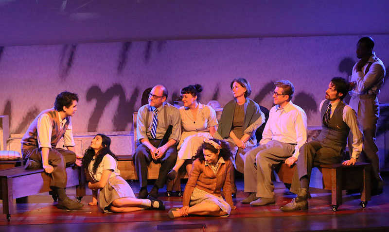 Kevin Matsumoto, Ava Lalezarzadeh, Rob Brownstein, Andrea Gwynnel, Marnina Schon, Mary Gordon Murray, Aylam Orian, Tony DeCarlo, and Timothy P. Brown in Nick Blaemire’s Anne, A New Play at the Museum of Tolerance. (Photo by Michael Lamont)