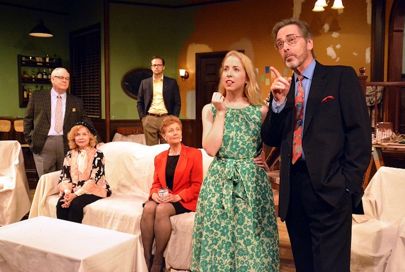 David Hunt Stafford, Gail Johnston, Lane Compton, Mona Lee Wylde, Rebecca Driscoll, and Martin Thompson in Norm Foster’s Renovations for Six at Theatre 40. (Photo by Ed Krieger)