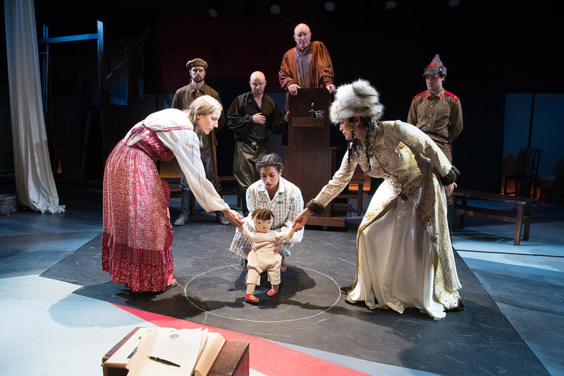 Liza Seneca, Alex Knox, Turner Frankosky, Gabriela Bonet, Steve Hofvendahl, Claudia Elmore and Troy Guthrie in Bertolt Brecht's The Caucasian Chalk Circle by Antaeus Theatre Company at the Kiki & David Gindler Performing Arts Center. (Photo by Jenny Graham)