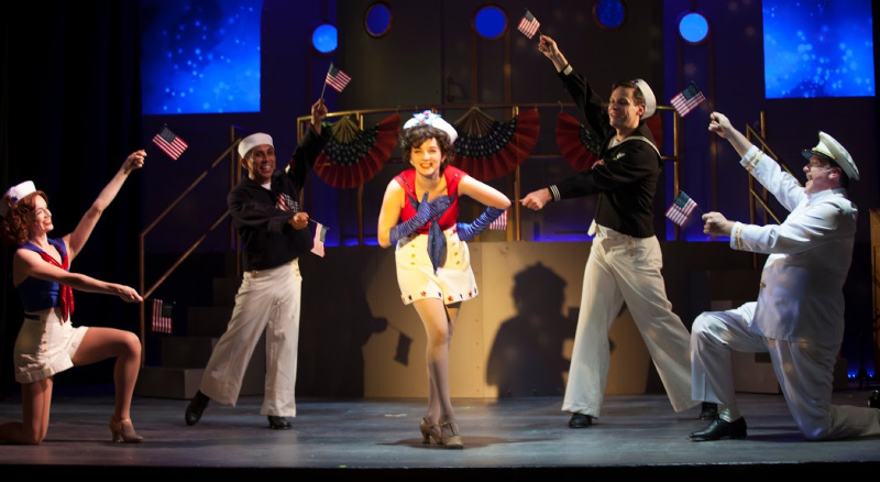 Marissa Mayer, Ruben Bravo, Katie Franqueria, Aaron Shaw, and Chuck McLane in George Haimsohn and Robin Miller’s Dames at Sea at the Sierra Madre Playhouse. (Photo by Gina Long)