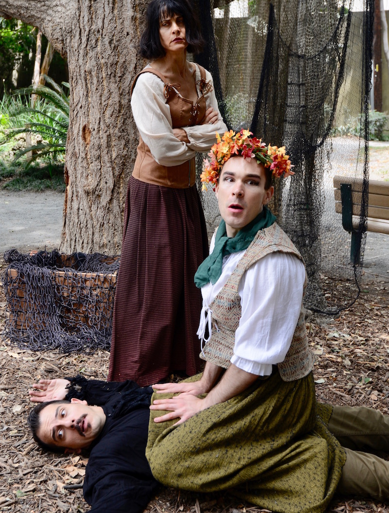 Carlo Figlio, Christina Conte, and Michael Sturgis in Classical Theatre Lab's production of The Last Days of Don Juan in Kings Road Park, West Hollywood. (Photo by Garth Pillsbury)