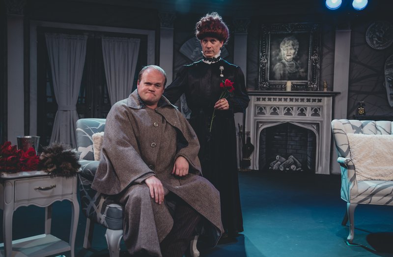 Isaac Wade and John Allee in Charles Ludlam's The Mystery of Irma Vep — A Penny Dreadful at Actors Co-op Crossley Theatre. (Photo by Matthew Gilmore)