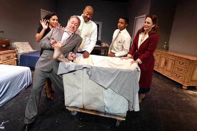 Chauntice Green, Darrell Philip, Damon Rutledge, Ken Ivy and Stephanie Schulzin The Wrong Kind of People, The Robey Theatre Company at The Los Angeles Theatre Center. (Photo by Ian Foxx)