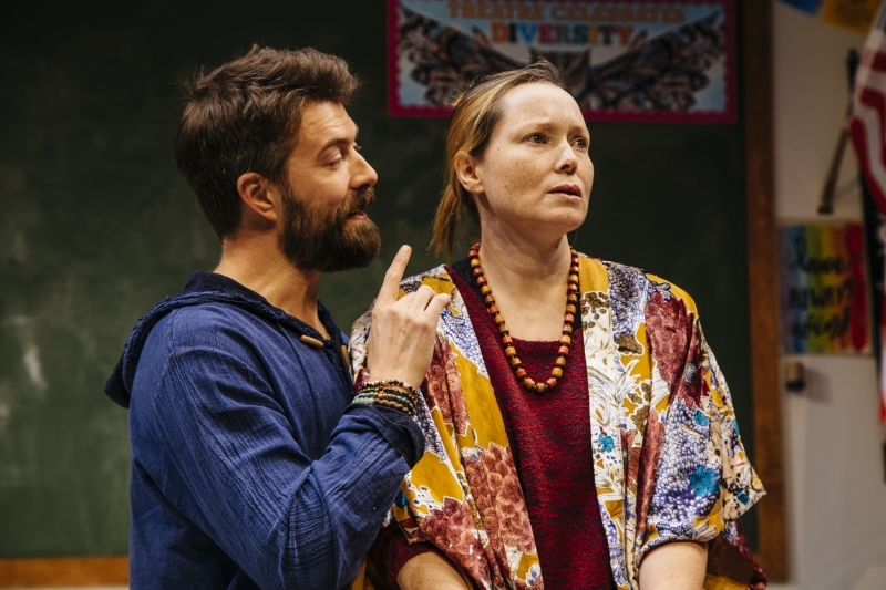 Noah Bean and Samantha Sloyan in Larissa FastHorse's The Thanksgiving Play at Geffen Playhouse. (Photo by Jeff Lorch)