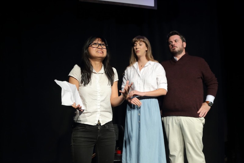 Joy Regullano, Mary Lou, and Scott Palmerson in Joy Regullano's Supportive White Parents at The Second City Hollywood Studio Theatre. (Photo by Abel Armas)