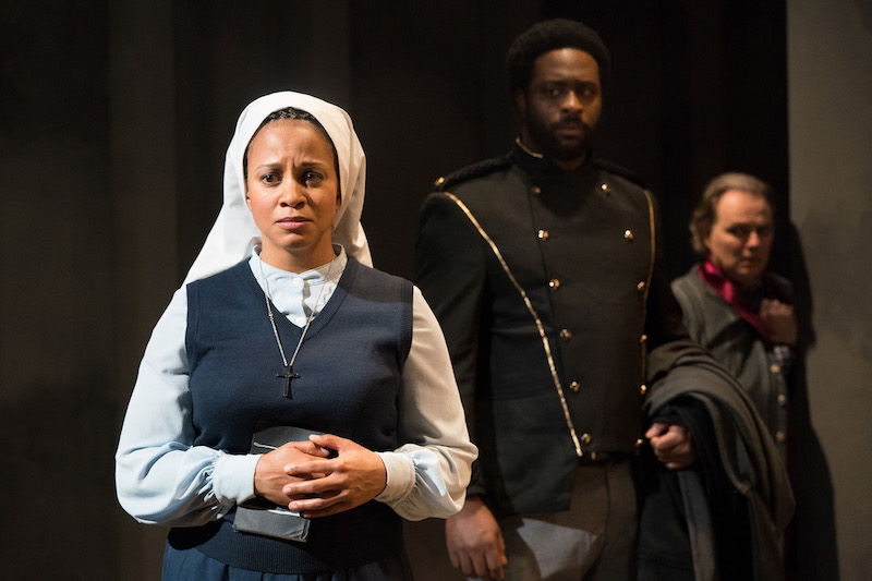 Carolyn Ratteray, Lloyd Roberson II, and Bo Foxworth in Antaeus Theatre Company's production of Measure for Measure at  the Kiki and David Gindler Performing Arts Center. (Photo by Jenny Graham)