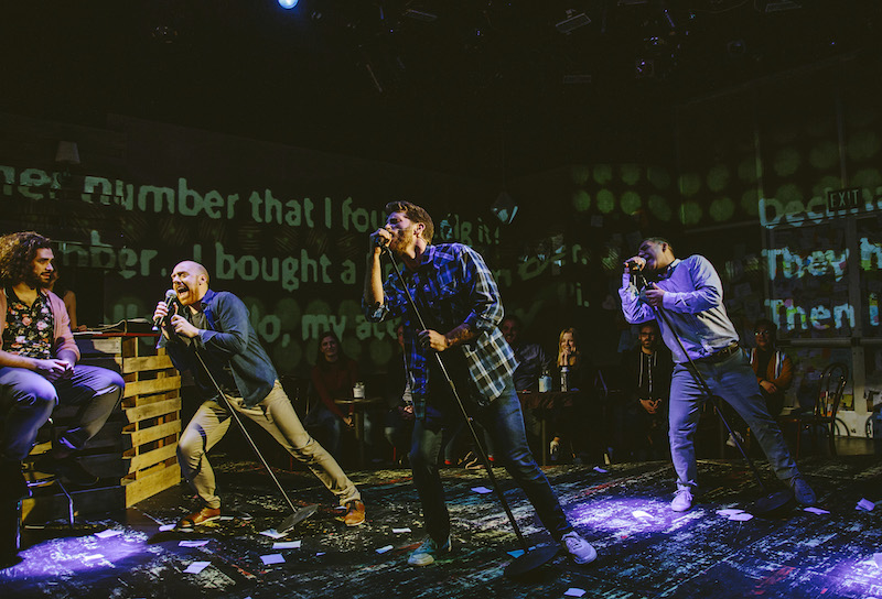 Mike Millan, Tom DeTrinis, Jonah Platt and Parvesh Cheena in Found at The Los Angeles Theatre Center. (Photo by Jeff Lorch)