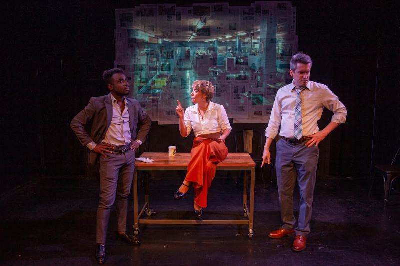 Ebenezer Alasi, Tara Cox, and Steve Fite in Ilyse Mimoun and Jeremy Adelman's Law and Order: The Musical! by Blooming Damsels Productions at The Broadwater Second Stage. (Photo by Ben Rock)