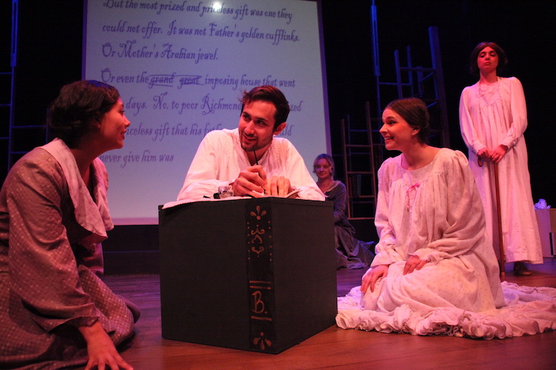 The Brontës (Maia Luer, Jessica Dowdeswell, Natasha Renae Potts, and Sarah Sommers) watch as Branwell (Calvin Picou) writes a story. Photo Credit: Jennifer Brofer.