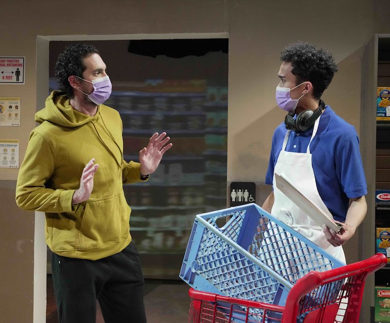 Photo:
Alex (Gabriel Leyva) and Dixon (Andrew Russel) have a fraught grocery store encounter in Playwrights' Arena's Apartment Living. (Photo by Jenny Graham)