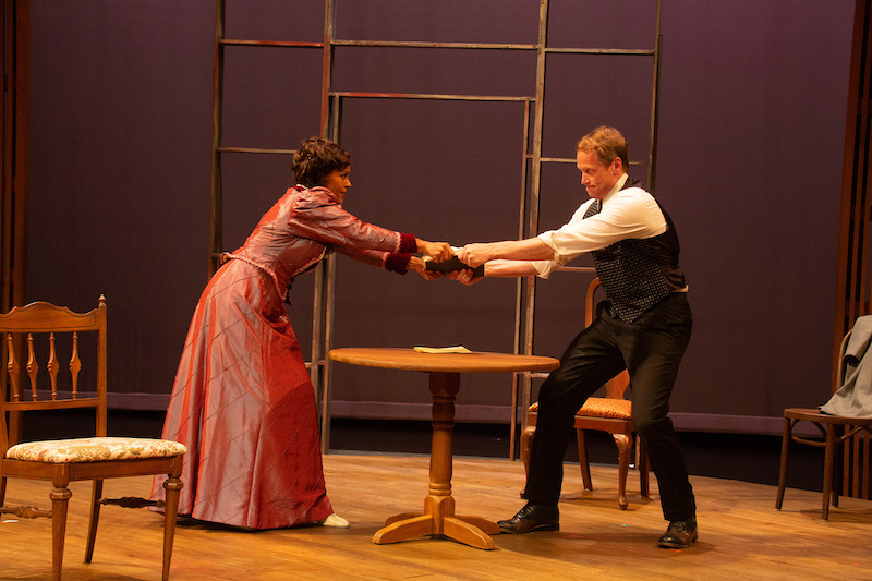 Jennifer Shelton and Scott Roberts in A Doll's House, Part 2 at Long Beach's International City Theatre (Photo by Kayte Deioma)