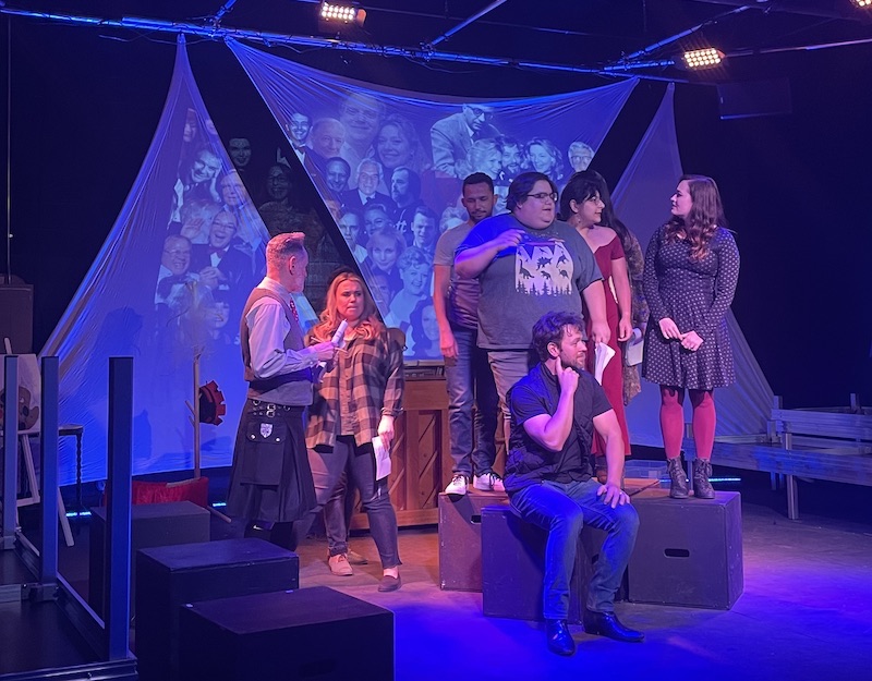 Christofer Sands (l.), Kara Masek, Jordan Arana, Caitlin Lopez, Chanlon Kaufman, Liana Rose Veratudela, Jenny Lockwood in Sondheim on Sondheim at Ophelia’s Jump (Photo by Randy Lopez)